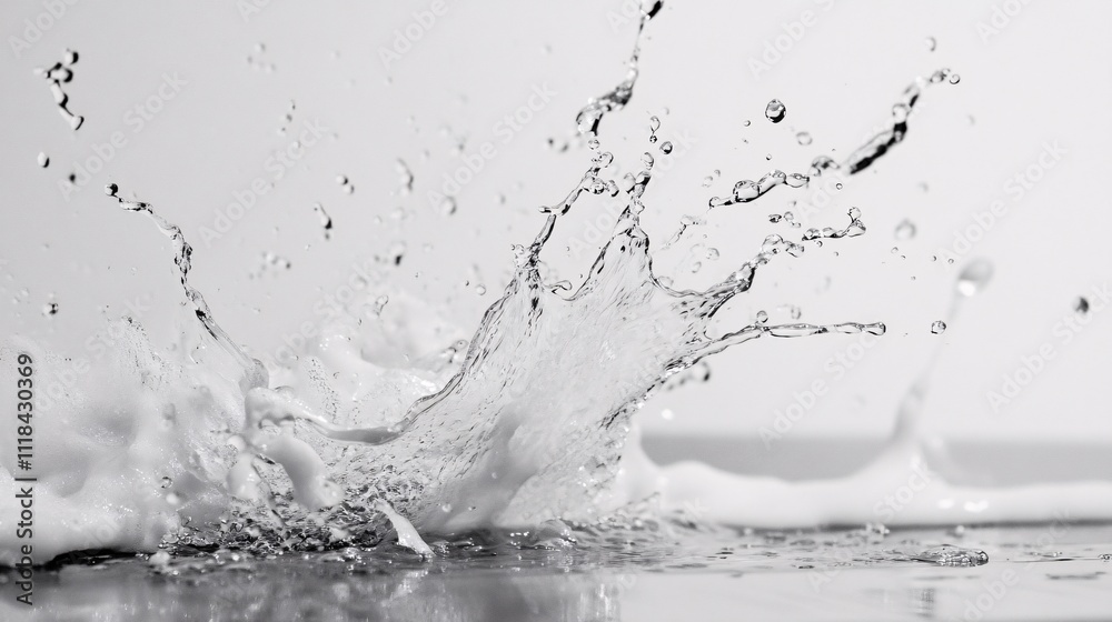 Poster crown-shaped water splashing on reflective surface with foam and bubbles