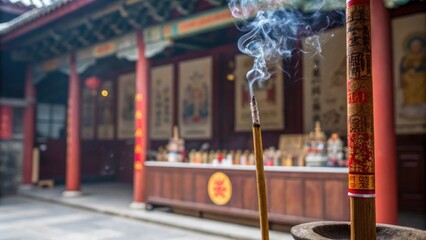 Cascading Smoke A closeup shot captures an incense stick ignited at its tip sending tendrils of smoke cascading upwards. The blurred background reveals a richly decorated temple