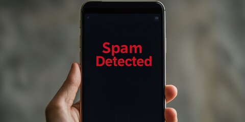 spam call phone prevention concept. Hand holding a smartphone displaying "Spam Detected" in red text.