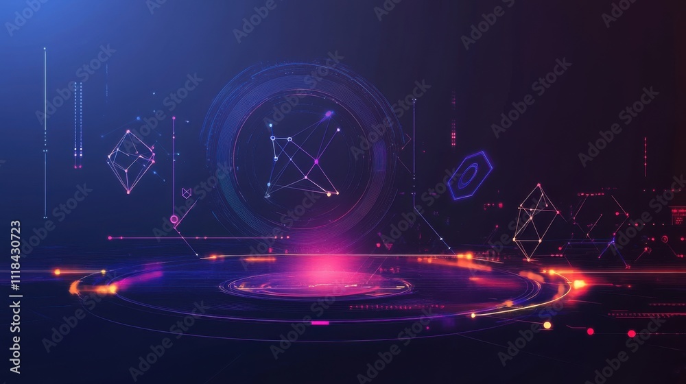 Poster a hud interface displays floating geometric shapes and glowing elements, creating a vibrant digital 