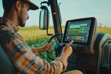 Modern Farming: Young Farmer Navigating Technology on a Tractor in a Fertile Green Field