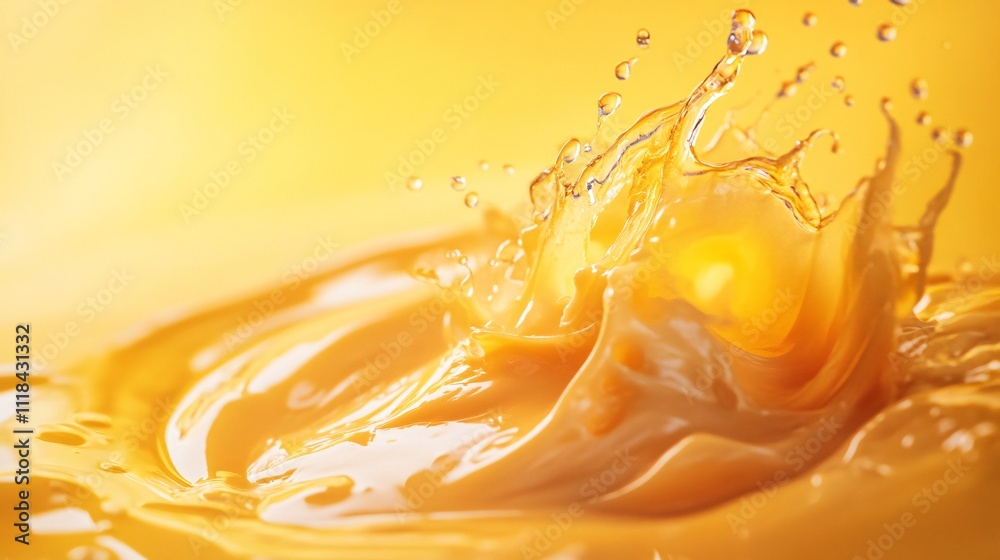 Poster orange juice splashing and making waves on a yellow background