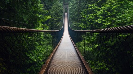A suspension bridge surrounded by lush green trees.