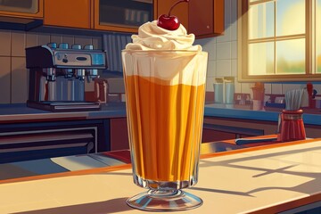 A tall glass of orange soda topped with whipped cream and a cherry, set in a cozy kitchen.