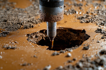 close up of drilling machine creating hole in wet, muddy ground, with water and soil splashing around, showcasing industrial precision and rugged conditions