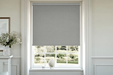 Grey roller blind in modern living room.