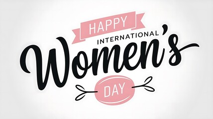Elegant and Festive International Women's Day Design with Modern Script Text, Pink Banner, and Circular Flourish on Clean White Background