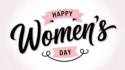 Elegant and Festive International Women's Day Design with Modern Script Text, Pink Banner, and Circular Flourish on Clean White Background