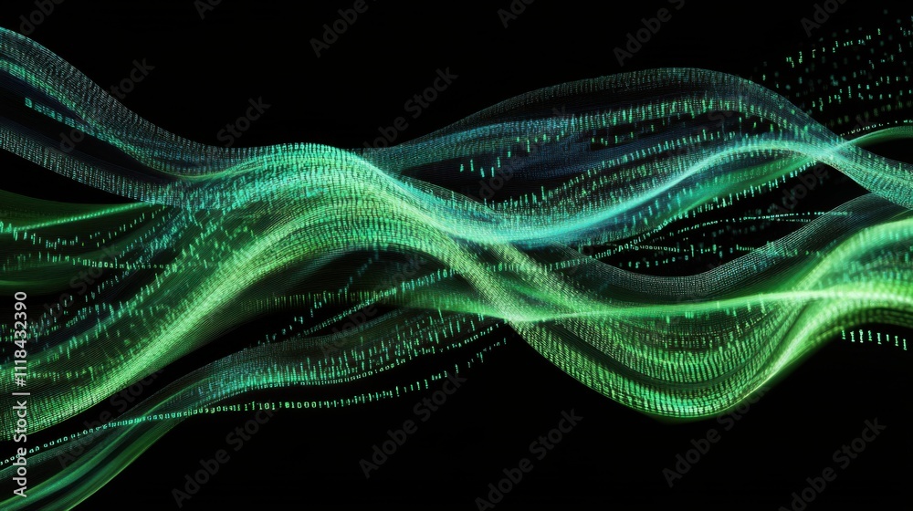 Poster waves of flowing data represent binary code streams in vibrant green hues against a dark backdrop. t