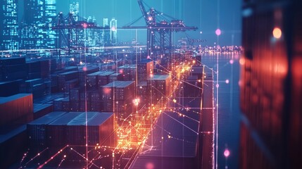 Fototapeta premium Container ship at sea with digital network links, digital trade network connection concept, global shipping industry 