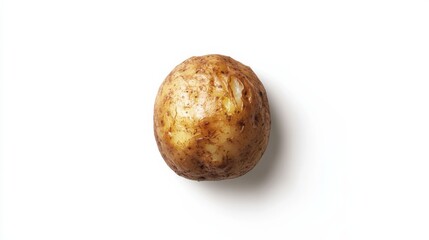 Fototapeta premium A single, unadorned potato with rustic brown skin lies against a smooth white background, highlighting its organic beauty and potential for delicious dishes in any kitchen setting