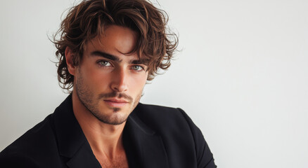 Fototapeta premium An attractive Italian male model with wavy hair wearing a black jacket on a white background.