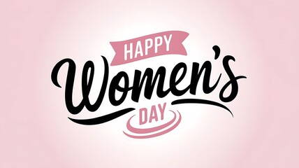 Elegant and Festive International Women's Day Design with Modern Script Text, Pink Banner, and Circular Flourish on Clean White Background