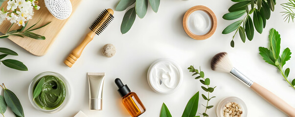 Spa Day Essentials Flatlay Illustration: Natural Beauty Products and Greenery