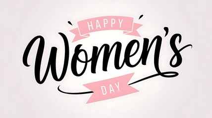 Elegant and Festive International Women's Day Design with Modern Script Text, Pink Banner, and Circular Flourish on Clean White Background
