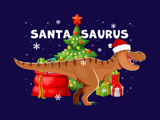 Christmas tyrannosaurus dinosaur greetings. Cartoon vector trex dino animal wearing Santa hat stands beside a decorated Christmas tree and presents, creating a fun, playful and festive holiday mood © Vector Tradition