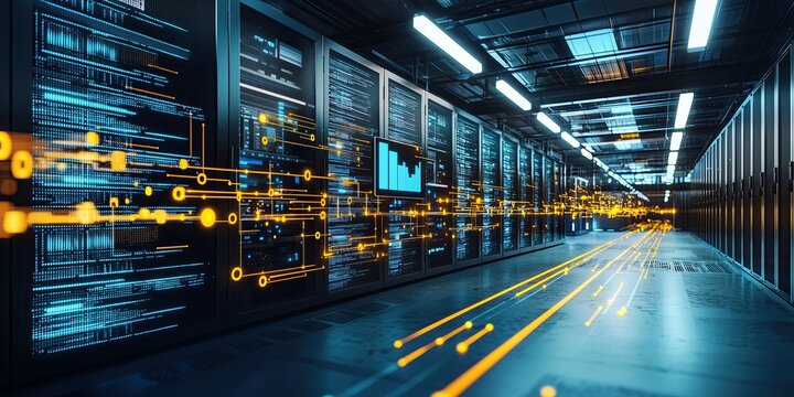 Futuristic data center with glowing network connections and server racks - Powered by Adobe