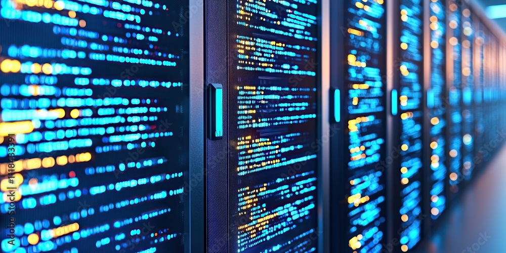 Poster Computer server racks displaying vibrant digital data streams in data center