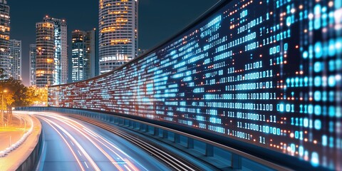 Futuristic cityscape with glowing binary code on digital billboard at night