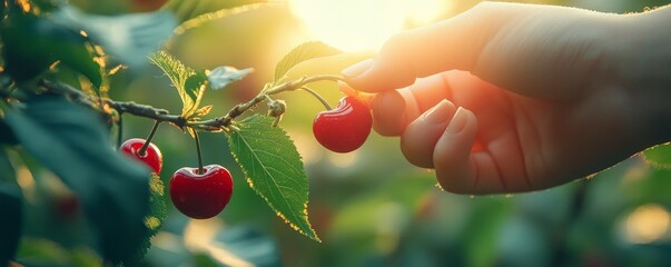 Harvesting ripe cherries at sunrise orchard photography outdoor close-up nature's bounty