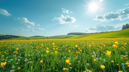 Fototapeta premium Sunny meadow with yellow wildflowers, green grass, and blue sky.