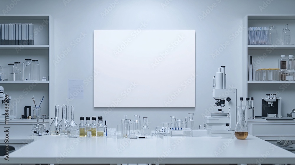 Aufkleber Modern laboratory with empty frame displaying research findings and equipment displayed