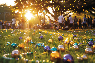 mardi gras festivities, beads strewn on the grass, lively music of a brass band in the distance, and laughter filling the streets at a festive mardi gras