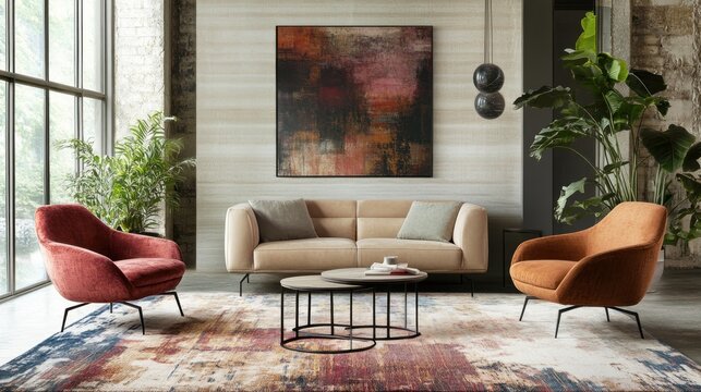 Modern Living Room Decor Featuring Abstract Art And Comfortable Seating