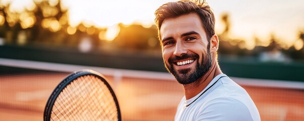 Tennis player smiling and holding racket on clay court at sunset
