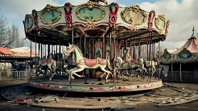 a carousel  and  horses  in an abandoned amusement park.