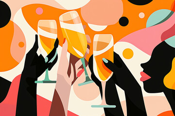 galentines day celebration, a contemporary vector art highlights a lively galentines day brunch with colorful women toasting mimosas in a vibrant setting great for event ads