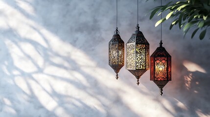 Elegant Ramadan Lanterns Hanging Against a Textured Wall