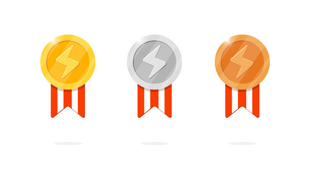 Gaming achievement medal badges. Lightning bolt symbol and red striped ribbon. Gold, silver, bronze ranking medallions. Video game app interface design element. Leader bonus and winner place icon kit