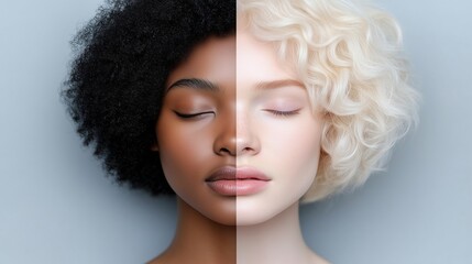 Naklejka premium Diverse beauty captured through contrasting hairstyles and skin tones in artistic display of duality and individuality