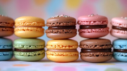 Fototapeta premium A colorful assortment of macarons arranged in rows, showcasing various pastel shades and delicate textures against a soft, blurred background.