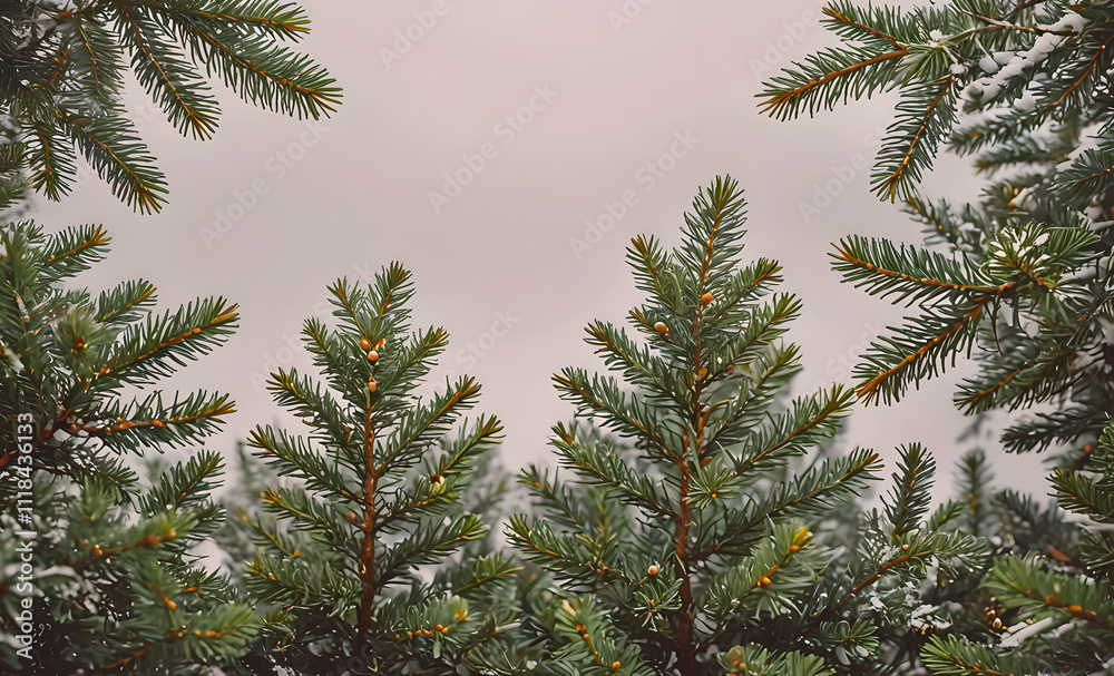 Poster A row of evergreen trees with snow on them. The trees are in a forest and the sky is cloudy