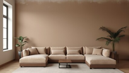 Mocha Mousse is a trend color year 2025 in the luxury living room. Painted mockup wall for art - mocha pastel colour. Blank modern room design interior home. Accent premium lounge office.