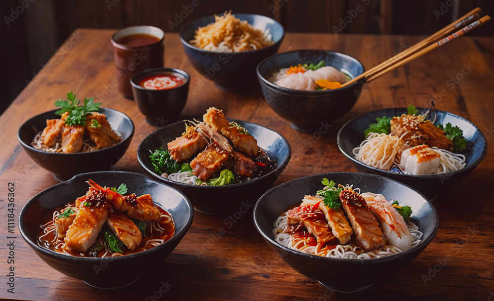 Poster a table full of asian food with chopsticks and bowls. the bowls are filled with different types of f