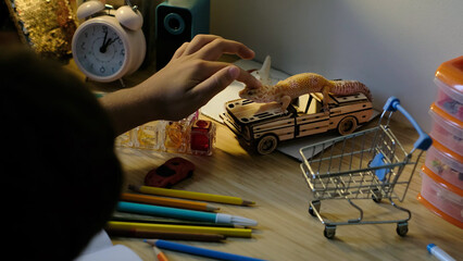A leopard gecko sits atop a toy car as a hand gently interacts with it on a cluttered desk. This...