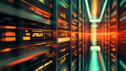 Fototapeta premium Data Center Glowing Lights: Abstract, futuristic, and captivating, this image captures the essence of a modern data center. The lines of servers, bathed in vibrant green and orange lights.