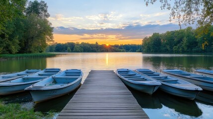 Obraz premium Tranquil Sunset Lake Scene With Rowboats Docked