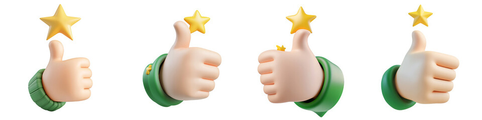 thumbs up with golden stars - 3d Set on transparent background PNG file