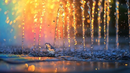 Naklejka premium Colorful water fountain with vibrant light reflections.