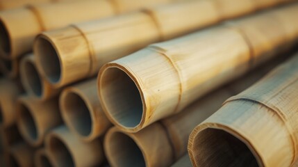 Close up of stacked bamboo poles showcasing their potential for innovative production and sustainable construction, highlighting the natural beauty and versatility of this renewable resource