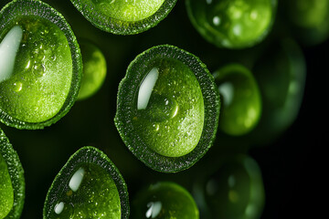 glowing close up of algae based biofuel droplets, showcasing their vibrant green color, glossy texture, and intricate details, symbolizing sustainable energy innovation