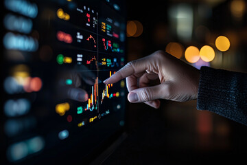 hand interacts with glowing digital financial chart on screen, analyzing stock market data in modern, high tech environment with blurred lights in background
