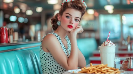 A young woman in a retro polka-dot dress sits at a diner booth, gazing thoughtfully while enjoying...