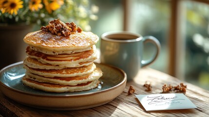 Buttery pancakes stacked high, topped with crunchy nuts and served with coffee, near flowers.