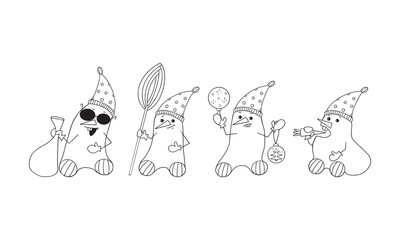 Set of funny Snowmen in hats and with a smile on their faces with a Christmas tree, tangerines, a gift and a sheet for writing. New Year s greeting card. Coloring for children.