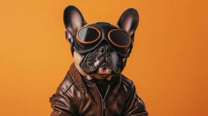 A bulldog dressed in a leather jacket and goggles showcases its fashionable look against a bright orange backdrop. The dog exudes a charming and adventurous spirit, ready for fun